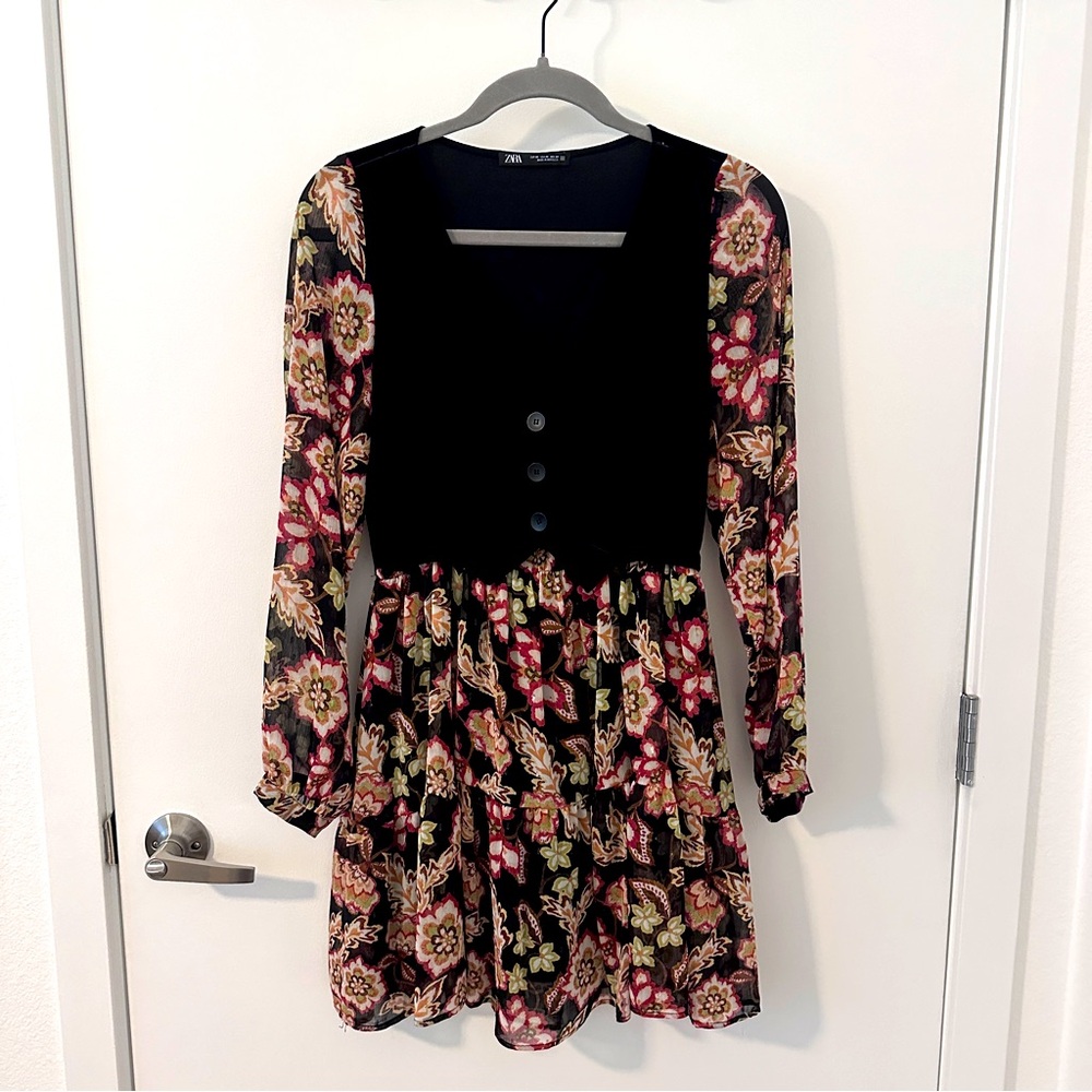 ZARA Printed Dress with Velvet Vest